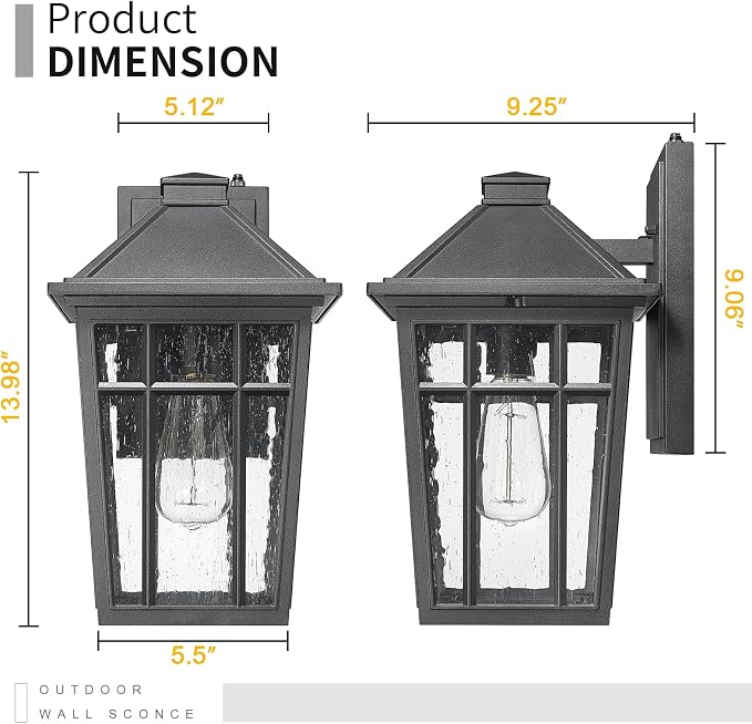 Darkaway Dusk to Dawn 14inch Outdoor Wall Lights E26 Socket | Exterior Lighting Wall Mount Porch Lights Black Outdoor Sconce Lights with Seeded Glass for House Patio Hallway Garage