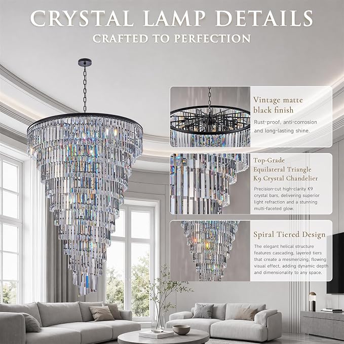 48 Lights Spiral Crystal Chandelier Black Modern Light Fixture Large Chandelier, 48'' W High Ceiling Foyer Ceiling Hanging Pendant, Entryway, Dining Room, E12 LED Bulbs, Black