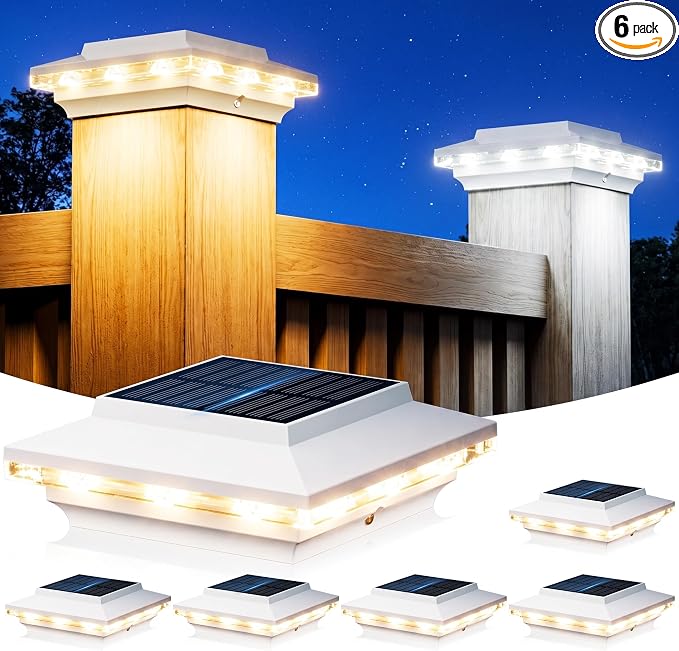 KOOPER 4x4 Solar Post Cap Lights Outdoor, 6 Pack Brighter Fence Post Solar Lights with 3X Bigger Solar Panel, 2 Modes Deck Fence Post Lights Solar Powered Waterproof Fits 4x4 3.5x3.5 Vinyl Wooden Post