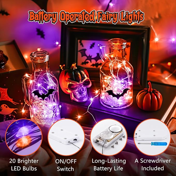 Minetom 6 Pack Purple Orange Fairy Lights for Halloween Decor | 7ft 20 LED Micro Firefly Lights for Halloween Decor, Pumpkin DIY Craft, Paper Lantern Decoration