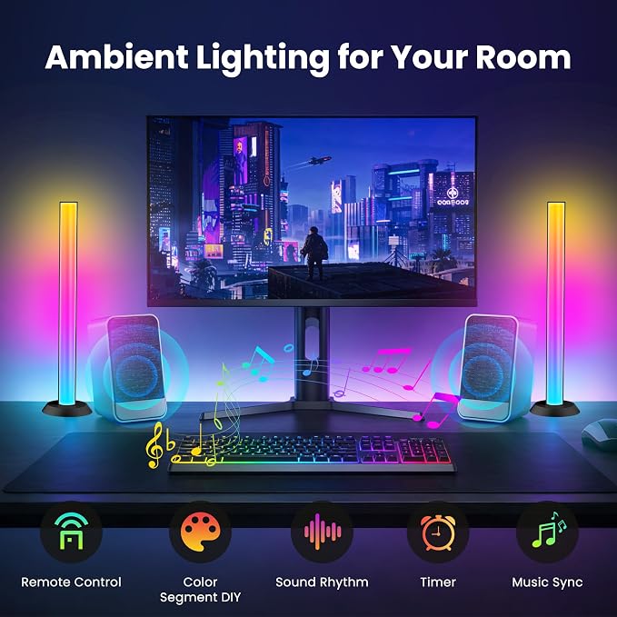 TJOY Smart Wi-Fi Light Bar, Compatible with Alexa&Google Assistant, Gaming Desk Lights with Music Sync&Scene Modes, RGB TV Light Bar, Mood Lighting for Game, PC, Monitor (2.4GHz WiFi only)
