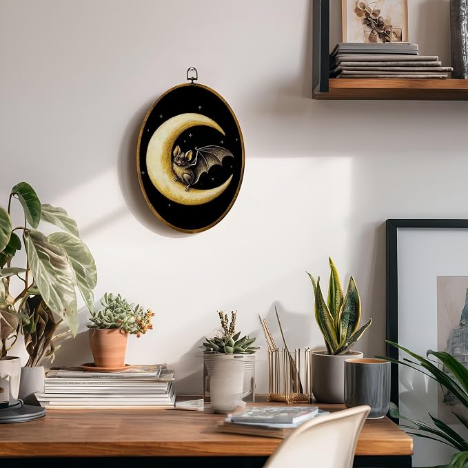 zewepri Bat Crescent Moon Oval Wall Art, Gothic Cottagecore Decor, 8.5x11.5 | Whimsical bat on crescent moon with stars adds moody charm to bedrooms, bathrooms, living rooms, or gallery walls.
