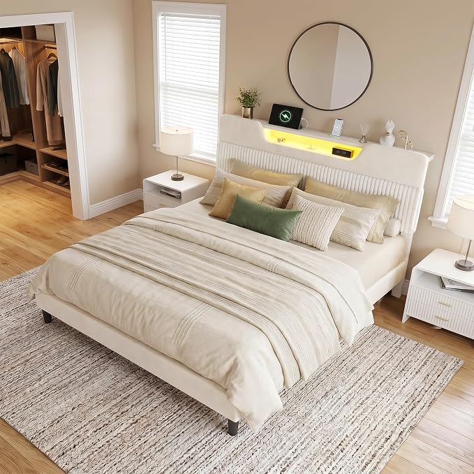 Homkdom Queen Bed Frame with Charging Station & Storage Headboard,White | 1USB-C & 2USB-A Charging, RGB LED Lights,7.78" Under-bed Storage,Velvet Upholstered Headboard,No Box Spring,Easy Assembly.