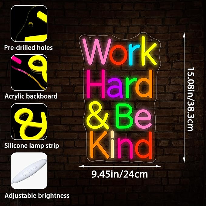 Work Hard Be Kind Neon Sign for Wall Decor | Dimmable kind inspirational neon light, home office bedroom decor, birthday gift for teens adults, size 15.1*9.4 in