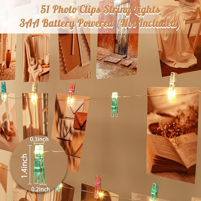 Photo Clips String Light,33FT Fairy Lights with 51 Clips, Battery Operated String Lights with Clips for Pictures, Room Decorations for Dorm Wall Bedroom Wedding Christmas Tree(Multi-Color)