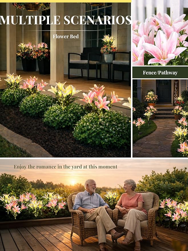 GIGALUMI Solar Garden Lights, 2 Pack LED Lily Solar Flower Lights Outdoor | Garden Decor Carefree Artificial Flowers Lily, 3 Lighting Mode, Yard Decorations Outdoor, Gardening Gifts (1White,1Pink)