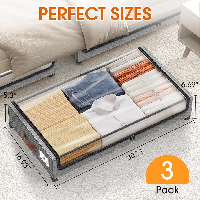 Under Bed Storage with Wheels 3Pack Storage Containers with Clear Window | Under Bed Drawers Rolling Under Bed Storage for Clothes,Shoes, Blankets (30.71 x 16.93 x 6.69 in, Light Grey)