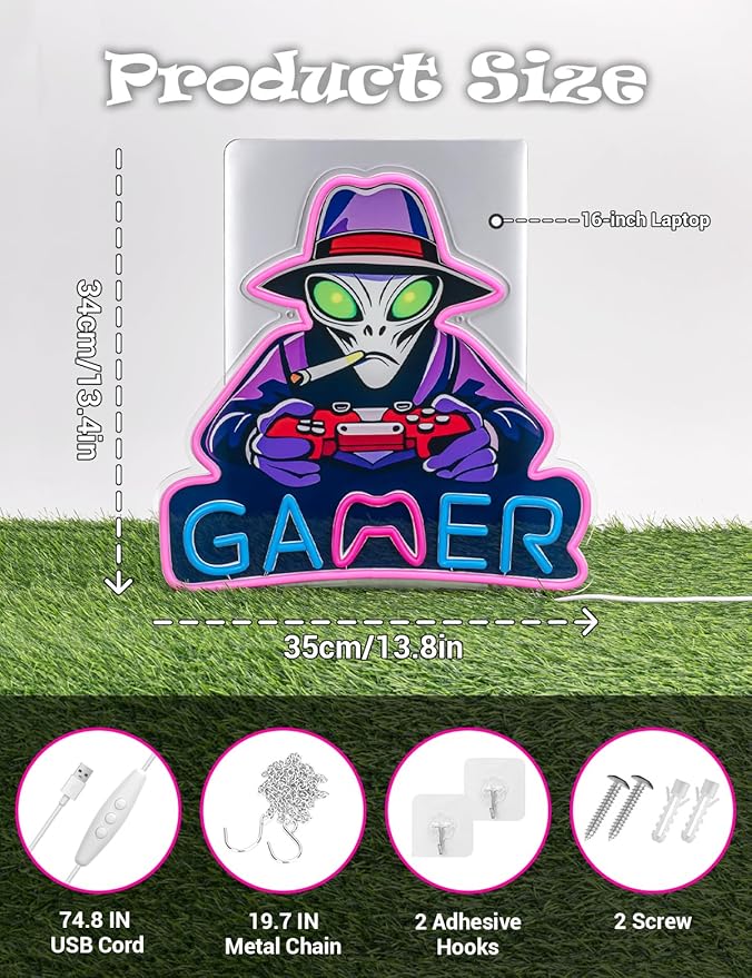 Alien Neon Signs for Gamer Room Wall Decor, Gamer Neon LED Signs Light for Man Cave, UV Printed Gaming LED Light for Bar Party Birthday Christmas Gift (Alien Gamer)