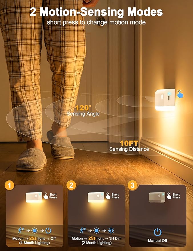 Motion Sensor Stair Lights Indoor, 3 Pack Rechargeable Wireless Step Lights with 3 Color Temperatures, 1200mAh Battery, Magnetic Base for Hallway, Closet, Bathroom, White