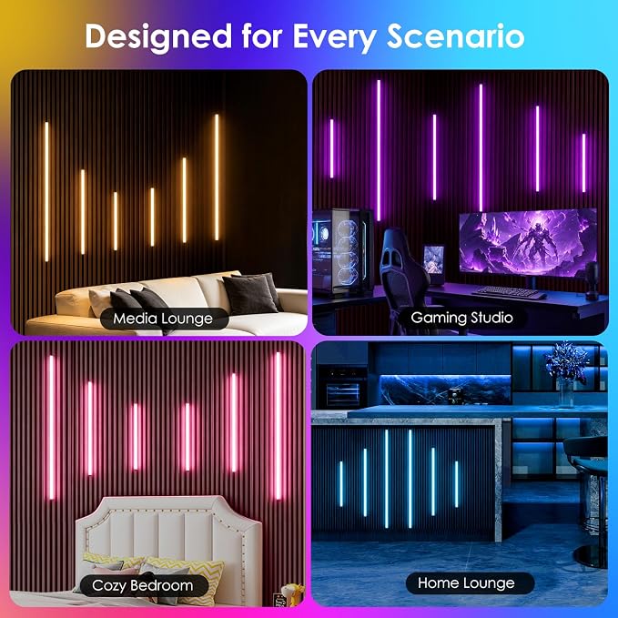 Smart RGB Slat Wall Lights 6PCS WiFi Wall Panel Lights with Alexa | Self Adhesive LED Light with APP & Remote Control, Music Sync, Timer, Memory Feature for Slat Wall, WPC & Acoustic Panels