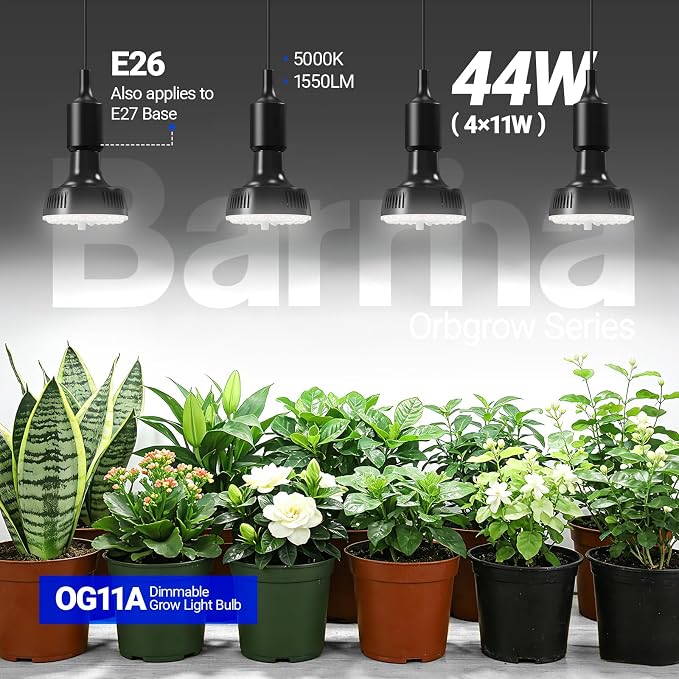 Barrina OG11A Grow Light Bulbs for Indoor Plant, 5000K 11W, 4 Packs, Black | Integrated Dimming & Timing, E26 Plant Light Bulb, Full Spectrum, High PPFD for Seeds and Greens