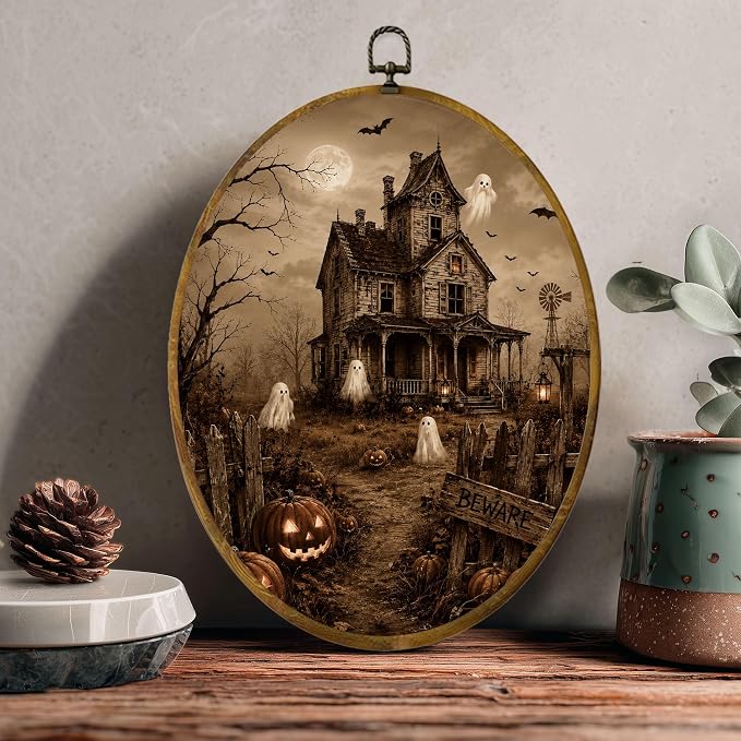 Haunted House Ghost Oval Wall Art, Framed Canvas Decor, 8.5x11.5 Inch | Haunted house, floating ghosts, bats, pumpkins and Beware sign Halloween decor