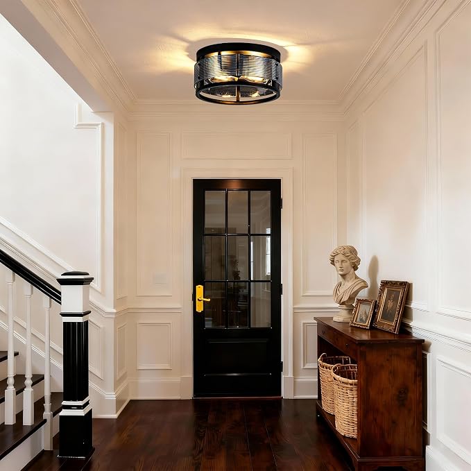 MAYNA 2-Light Round Flush Mount Ceiling Light Fixture,Black Metal Glass Farmhouse Ceiling Light with LED Bulb, Vintage Industrial Ceiling Lamp for Bedroom Kitchen Hallway Entryway