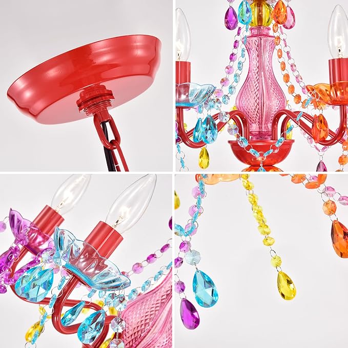 Colorful Small Crystal Chandelier for Girls Bedroom, 5-Light Acrylic Chandelier Lighting Fixture, Kids Room Nursery Ceiling Light for Closet, Playroom, Bathroom, Entryway