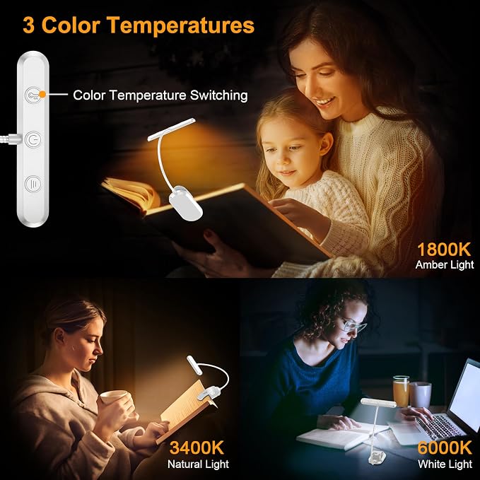 Gritin Rechargeable Book Light for Reading in Bed with 19 LED | Eye Caring 3 Color Temps, 5 Brightness Levels, Memory Function, 90 Hrs Runtime Flexible Goose Neck Clip on Light-White