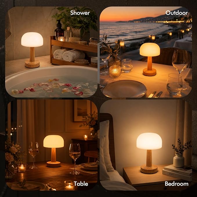 Spa-Like Shower Lamp, IP65 Waterproof Cordless Table Lamp, Wood Grain | Rechargeable Shower Light for Inside Shower with Touch Control Dimmable, 3CCT Mood Light for Bathtub, Patio, Outdoor