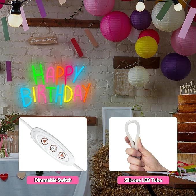 Happy Birthday Neon Sign for Wall Decor, Colorful Happy Birthday Neon Lights, LED Birthday Neon Light for Backdrop, Neon Birthday Signs for Bedroom Bar Cafe Party Any Ages Bday Celebration Decoration
