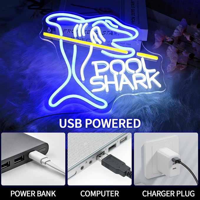Pool Shark Neon Sign for Wall Decor Dimmable Led Lights Signs Billiards LED Signs for Game Room Shark Neon Light Room Decor for Bar Pub Club Man Cave Decoration Boys Gift