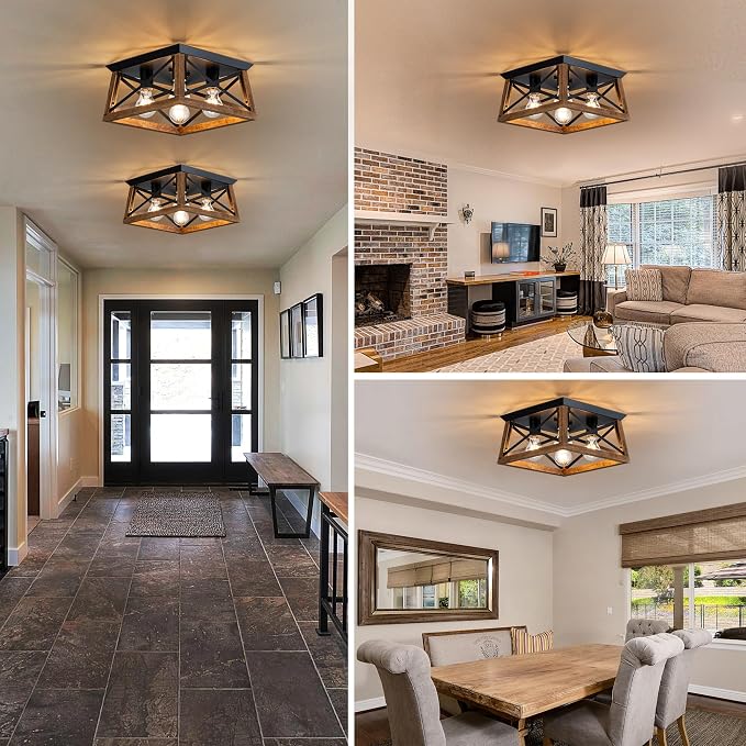4-Light Famrhouse Light Fixture, Rustic Ceiling Light with Wood and Metal Frame, Farmhouse Flush Mount Ceiling Light for Hallway, Entryway, Bedroom, Kitchen, Living Room