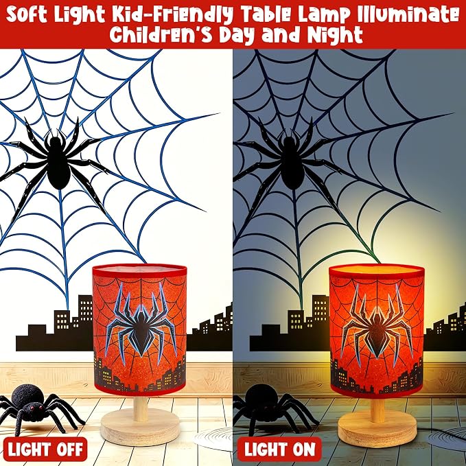 Spider Table Lamp for Boys - Spider Night Light & Bedroom Bedside Lamp with Linen Lampshade and Wooden Stand, Cartoon Nursery Lamp for Desk, Home Decor
