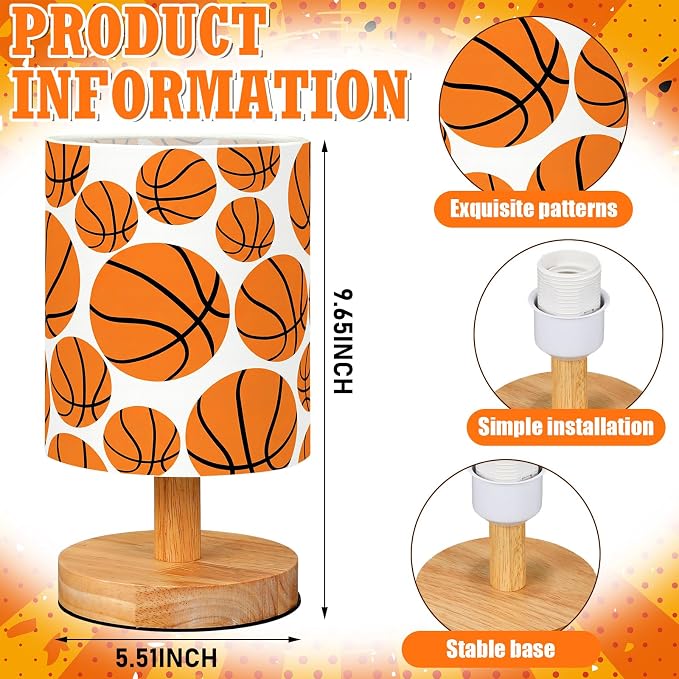 Basketball Kids Table Lamp for Bedroom Kids Bedside Lamp with Linen Wooden Nightstand Cartoon Nursery Lampshade for Girls Boys Living Room