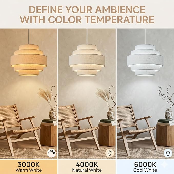 AUQUEE 5-Tier Farmhouse Chandelier, 13" Modern Drum Pendant Light Fixture with Linen Lampshade, Adjustable Height Hanging Ceiling Lighting for Bedroom/Nursery/Dining Room/Kitchen Island/Entryway,Beige