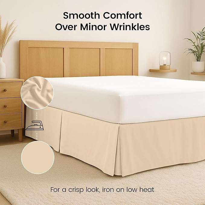 Queen Bed Skirt, Hides Under-Bed Storage 16 Inch Drop, Pleated, Beige | Easy Fit Design, Shrinkage & Fade Resistant, Hotel Style, Microfiber Durable Fabric, Machine Washable