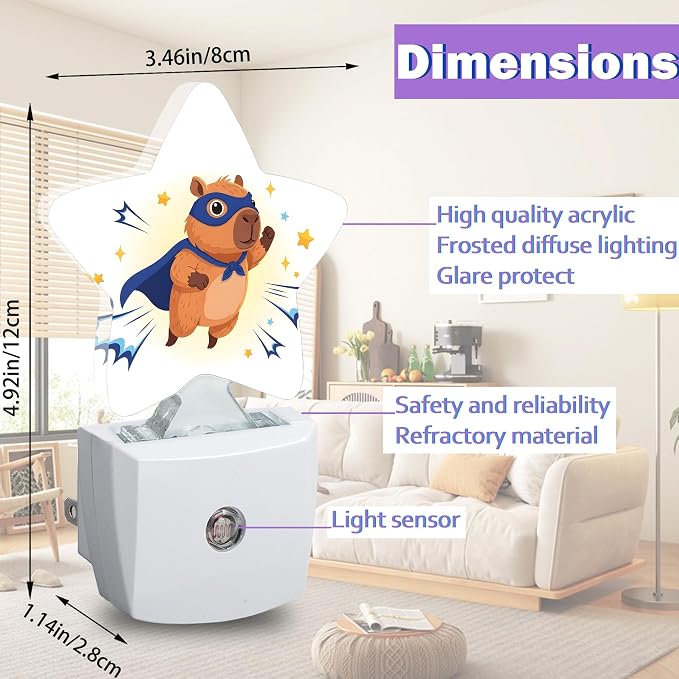 Cute Capybara Night Lights Plug Into Wall Decorative,Cartoon Animal Sleep Friendly Lamp, Energy Efficient Dusk-to-Dawn Sensor Nightlights for Kid Bedroom Nursery Bathroom