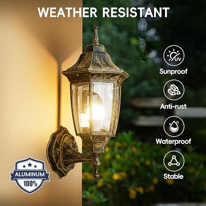 EMART Outdoor Front Porch Light, Exterior Anti-Corrosion, Waterproof Aluminum & Glass Shades Wall Lamp Fixture, Modern Sconce Lantern for Outside, House, Garage - 1 Pack, Gold （Bulb Included）