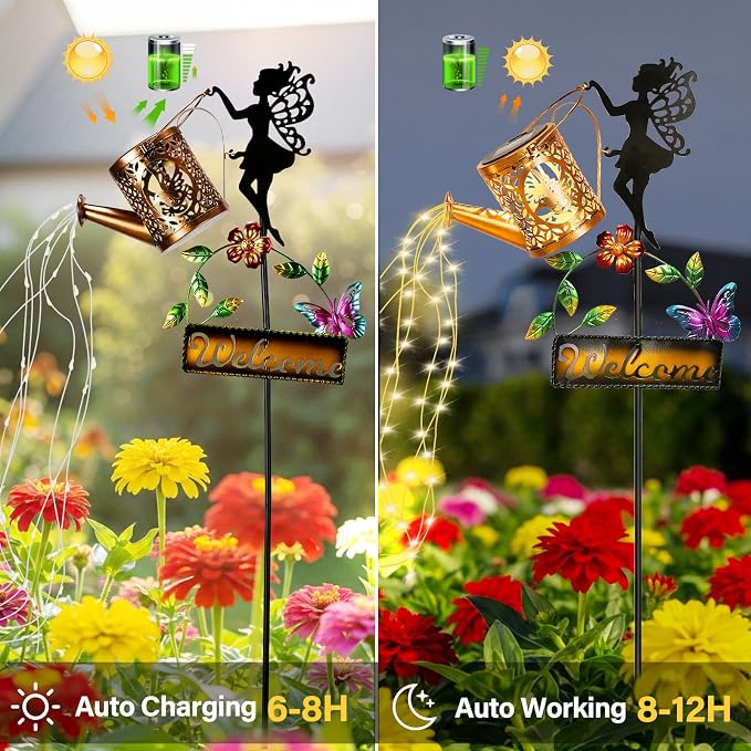 ZKLiLi Solar Hummingbird Watering Can Gifts with Lights,Outdoor Garden Fairy Welcome Sign Decor Waterproof for Patio Yard Porch Lawn Pathway Walkway Statues Gifts for Mom Grandma Women