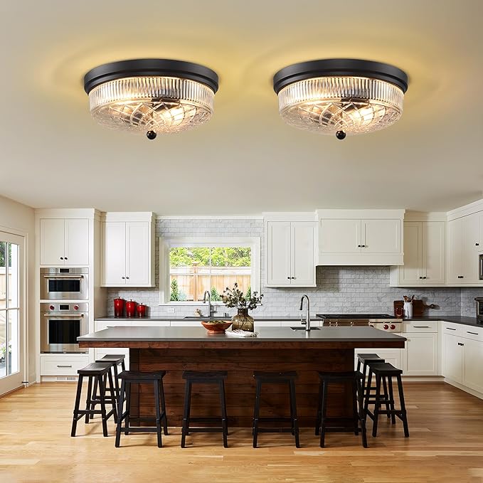 Semi Flush Mount Ceiling Light with Clear Glass Shades,3-Lights Industrial Semi Flush Mount Ceiling Light, 3-Light Industrial Black Light Fixtures Ceiling Mount for Kitchen Living Room Foyer