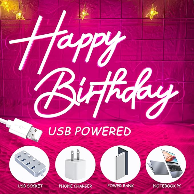 Happy Birthday Neon Sign for Wall Decor, 17×12 Inch Pink Led Neon Light Signs, Art Decoration Happy Birthday Neon Light Sign for All Birthday Party Decoration with 2 Pcs pasters