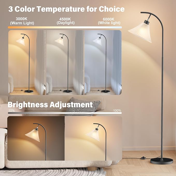 Glass Floor Lamp, Dimmable Black Standing Lamp with Remote Control & 3 Color Temperatures, Modern Arc Floor Lamps for Living Room Bedroom Office Corner, 9W LED Bulb Included