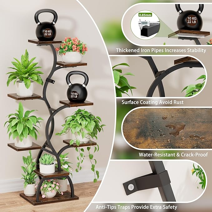 Plant Stand Indoor with Grow Light - 8 Tiered Corner Plant Shelf Indoor | 49" Plant Holder with Lights for Indoor Growing, Tall Lighted Flower Stand for Living Room, Balcony, Brown