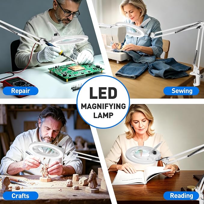 12X Magnifying Glass with Light, KIRKAS 2,200 Lumens LED Magnifying Lamp | with Clamp, Stepless Dimmable Real Glass Lens Magnifier, Adjustable Arm Workbench Light for Close Work Hobby Repair - White