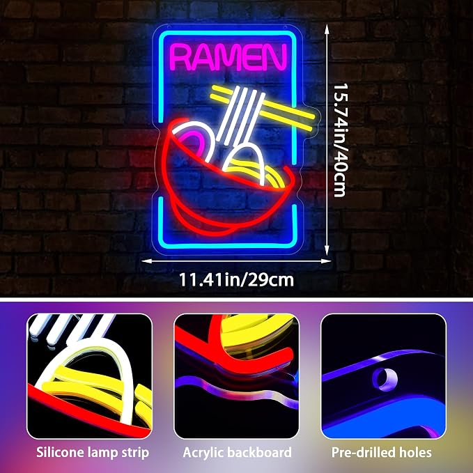 Ramen Neon Sign for Wall Decor Ramen LED Neon Light for Japanese Resturant | Dimmable Neon,Birthday Ramen Gifts,Led 5V USB Powered,Kitchen,Bar,Man Cave Decor,Business Dining Hall Wall Art,15.7*11.4in