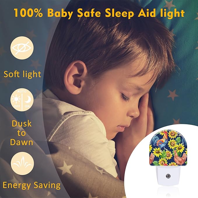 Vintage Hen Rooster with Sunflowers Night Light, Watercolor Farm Animals Floral Dusk to Dawn Night Light Plug in,0.5w Energy Saving Sleep Friendly NightLight for Kids Boys Girls Home Decor