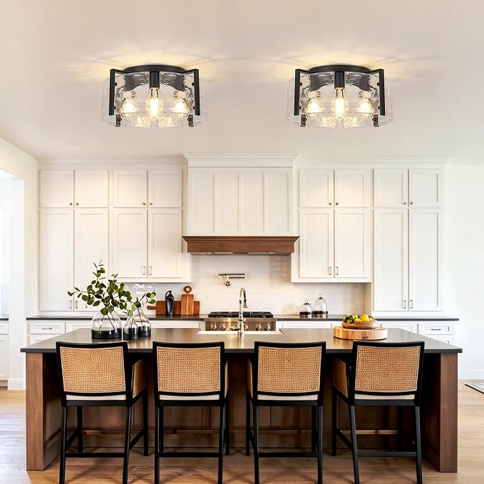 17.7'' Black Semi Flush Mount Ceiling Light, 4-Light Glass Ceiling Lights for Kitchen Island Modern Hallway Light Fixtures, Farmhouse Ceiling Mount Light for Entryway Hallway Bathroom Kitchen Bedroom