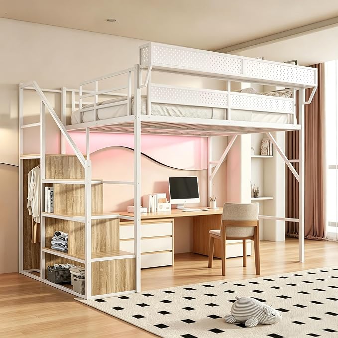 Queen Size Metal Loft Bed with Reversible Stairs and LED & USB Port | Storage Shelf, Reversible Storage Stairs with Wardrobe, LED Lights,USB Charging Port,Noise-Free Design, Large Under Bed