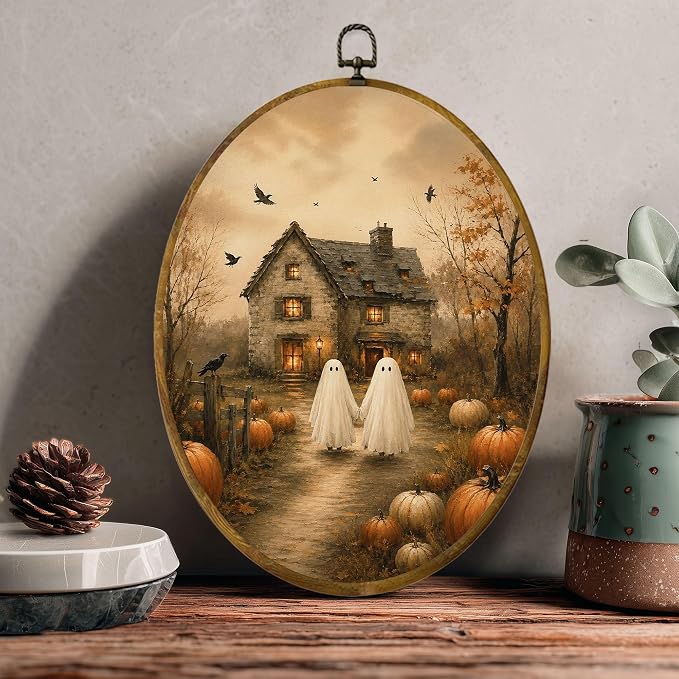 Ghost Cottage Oval Wall Art, Framed Canvas Decor, 8.5x11.5 Inch | Two ghosts walking to a pumpkin cottage, autumn trees and crows Halloween decor