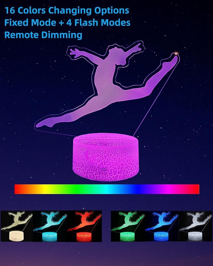 Gymnastics Gift 3D Illusion Night Light for Girl 2 Patterns | 16 Colors Changing, Dimmable Lamp, Room Bedroom Decor, Touch & Remote Control, Birthday Christmas Gift for Kid Teenager Women