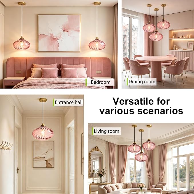 11in Gold Pendant Lights Kitchen Island with Purple Pink Glass Shade 1Pack | Handcrafted Glass Pendant Light Fixtures, UL Certified, E26 Base 100W Max, Height-Adjustable, Dimmable Hanging Pendant Light