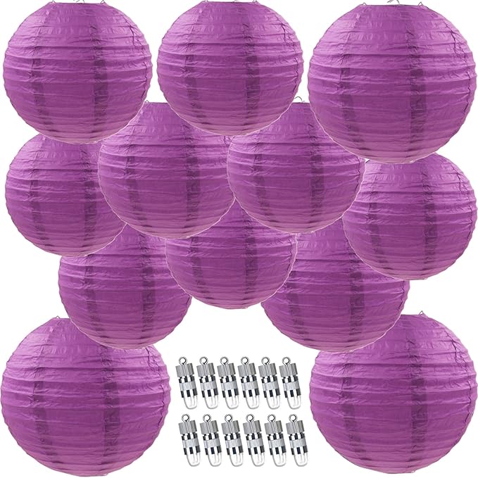 12pcs Purple Paper Lanterns with 12pcs White LED Lights, 6" 8" 10" 12" Round Hanging Chinese/Japanese Ball Lantern for Mardi Gras Wedding Anniversary Birthday Party Decorations