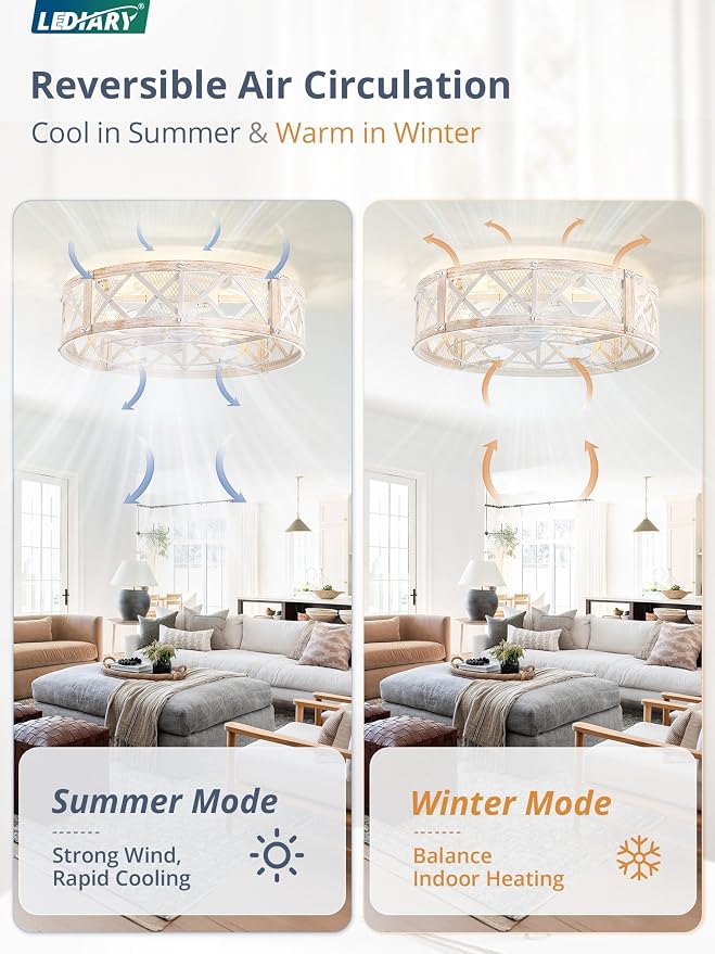LEDIARY 20" Caged Farmhouse Ceiling Fan with Light, Flush Mount, White Gold | Remote&APP Control, Small Low Profile, Rustic Fandaliers, Industrial Bladeless Enclosed, Powerful Motor for Bedroom, Kitchen
