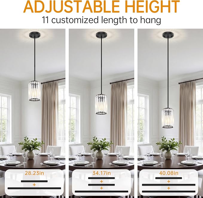 Black Pendant Light, Modern Crystal Pendant Lights Kitchen Island, Kitchen Island Lighting with Adjustable Height, UL Certified Island Lights for Kitchen Dining Room Bedroom Hallway 1 Pack