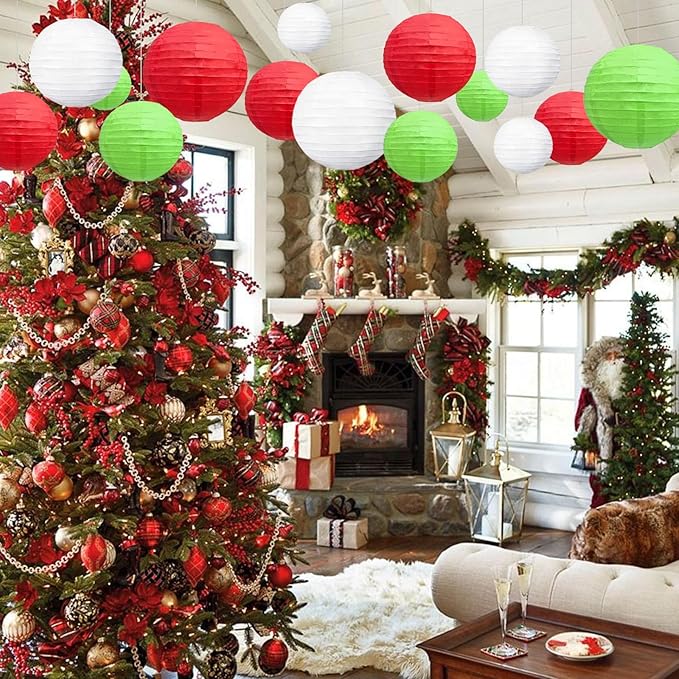 20Pcs Green Red White Paper Lanterns for Parties, 6” 8” 10” 12” Chinese Asian Hanging Round Paper Lanterns for Birthday Wedding Halloween Christmas Home Decor Party Decor