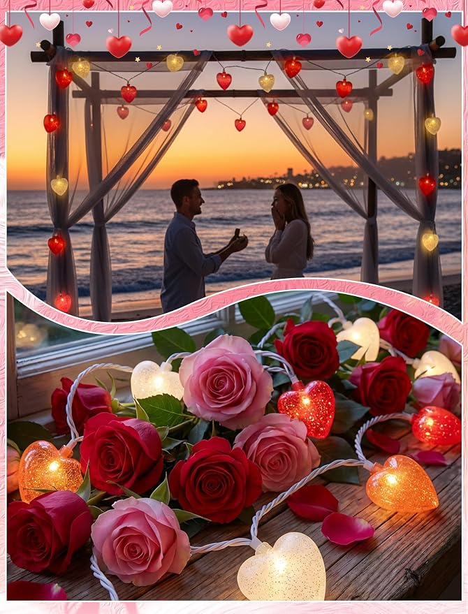 8.5ft Valentine’s Day Heart String Lights Plug in, Valentines Decoration | 10 LED Red Pink White Shatterproof Bulbs, Indoor Fairy Lights for Home Decor Wedding Outdoor Party, Warm White