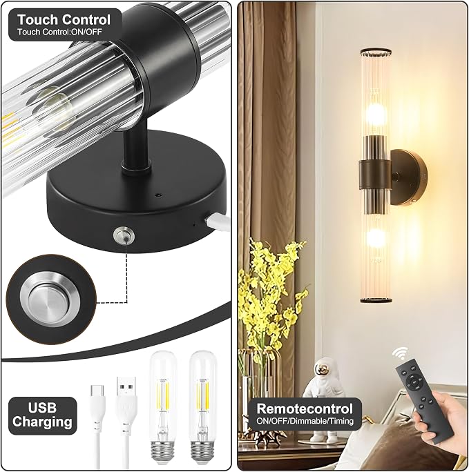 Morauroral Black Battery Operated Wall Sconces Set of 2, Rechargeable Wall Lights with Remote, 20 Inch Modern Wireless Wall Lamp for Bedroom, Living Room with Clear Glass Shade (Bulbs Included)
