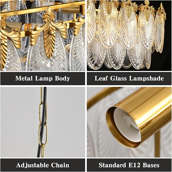 Rectangular Crystal Glass Dining Room Chandelier, 8 Light Gold Chandeliers Lighting Fixture, L33.5'' Height Adjustable Oval Ceiling Pendant Light for Office Coffee Over Table Kitchen Island