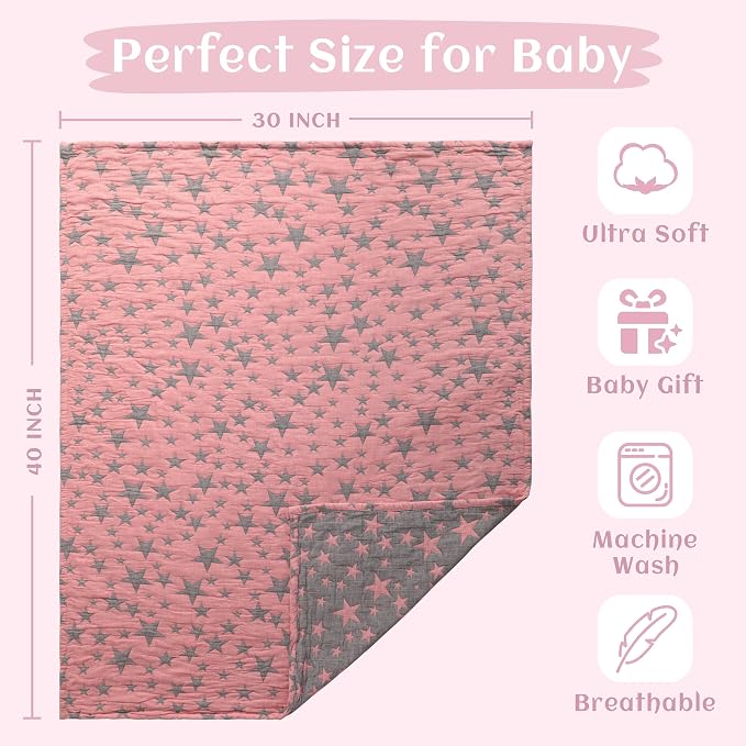 NTBAY 3 Layer Muslin Toddler Blanket, 30 x 40, Red and Black Star | Breathable Muslin Cotton Outer Layers with Light Thermal Fill, Reversible for Stroller, Daycare, Travel, and Supervised Use